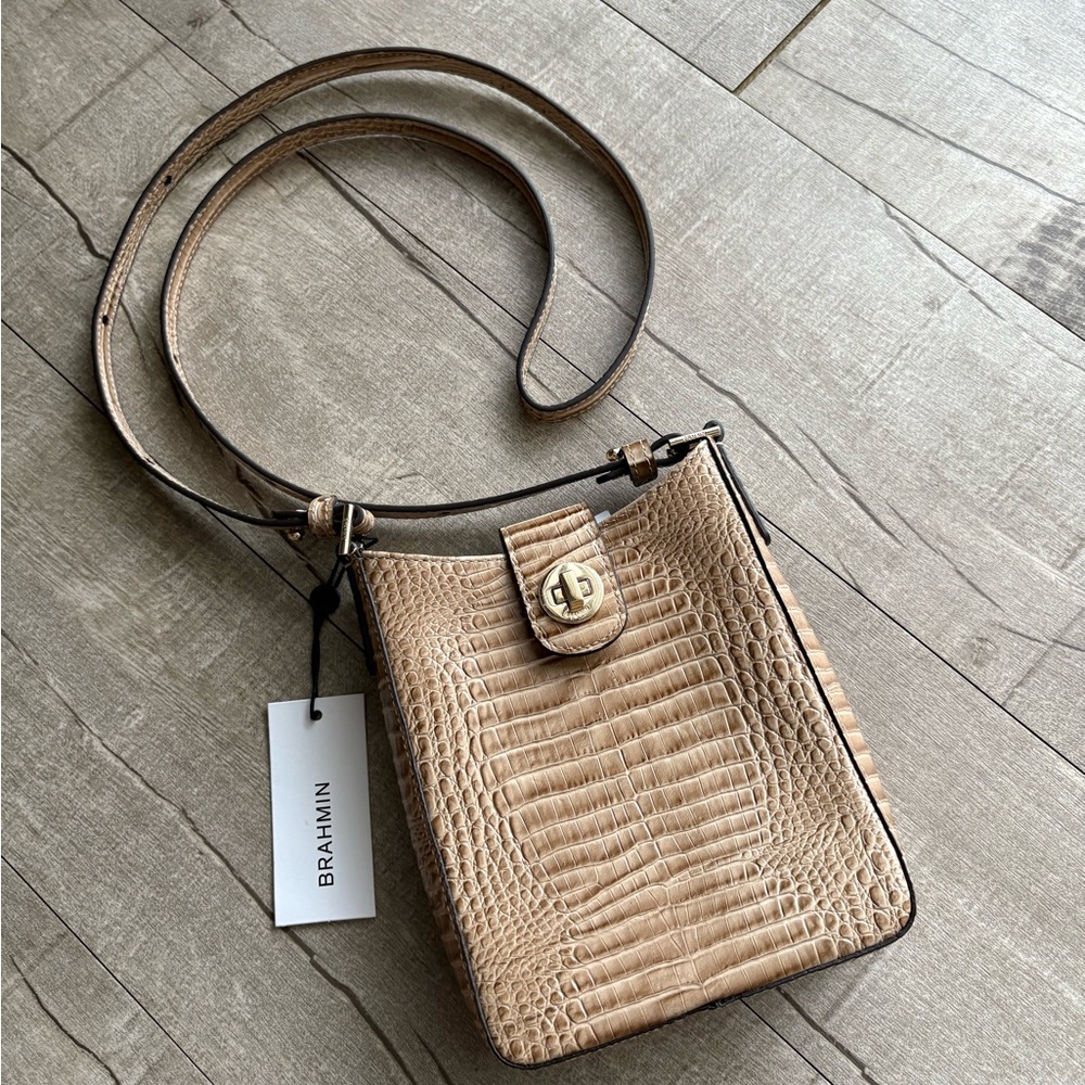 Brahmin Beige Croc-Embossed Marley Crossbody Bag